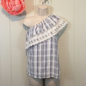 Angie Top Size Large One Shoulder Ruffle lace Cotton Bohemian Summer striped